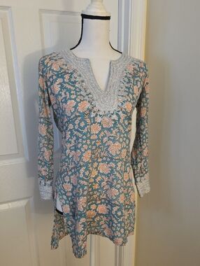 Roberta Roller Rabbit Floral Tunic in Teal and Coral S COTTON